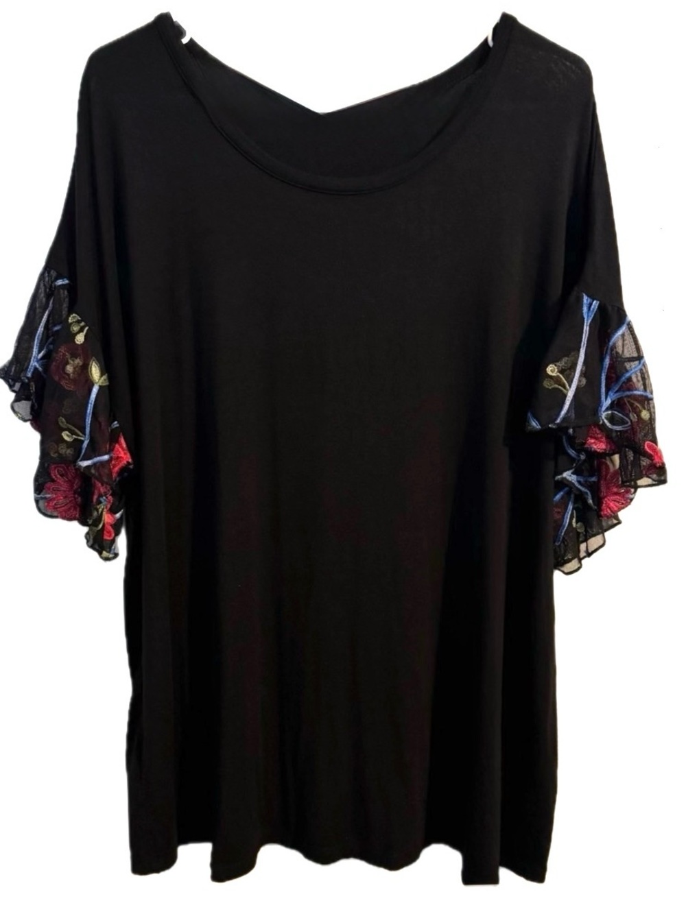 Kim & Cami Black Blouse with Sheer Floral Embroidered Fluted Sleeves 2X